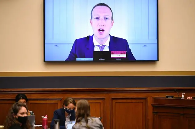 Facebook CEO Mark Zuckerberg testifies remotely during a House Judiciary subcommittee on antitrust on Capitol Hill on Wednesday, July 29, 2020, in Washingon. (Mandel Ngan/Pool via AP)
