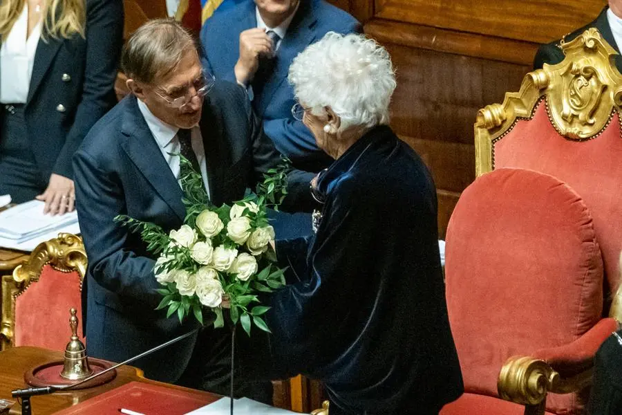 Foto Mauro Scrobogna/LaPresse 13-10-2022 Roma (Italia) Politica - Senato prima seduta della XIX legislatura - elezione Presidente - Nella foto: Ignazio La Russa, nuovo Presidente del Senato e seconda carica istituzionale dello Stato, con Liliana Segre 10-13-2022 Rome (Italy) Politics - Senate first session of the 19th legislature - President election - In the photo: Ignazio La Russa, the new President of the Senate and the second institutional position of the state, with Liliana Segre