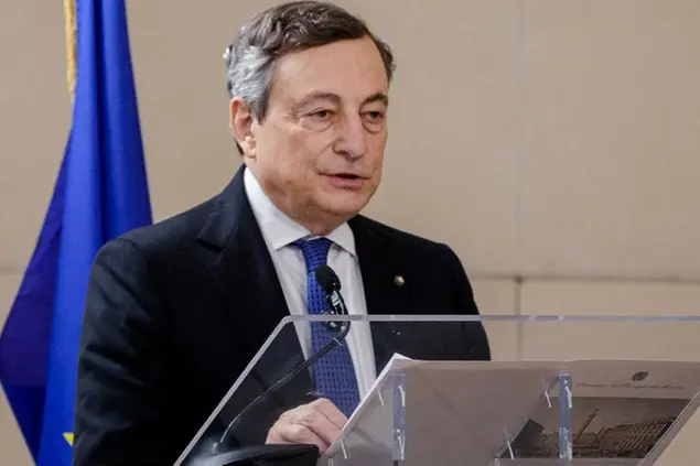 Italian Premier Mario Draghi speaks at the 14th Ambassadors' Conference in Rome, Tuesday, Dec. 21, 2021. (AP Photo/Gregorio Borgia)