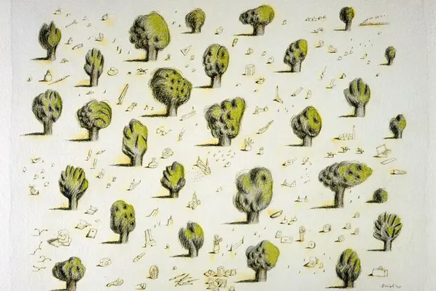 Illustrazione di Tullio Pericoli da L'uomo che piantava gli alberi di Jean Giono