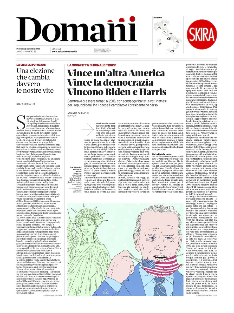 Una selezione fra le prime 100 prime pagine di Domani, dal 15 settembre al 23 dicembre 2020