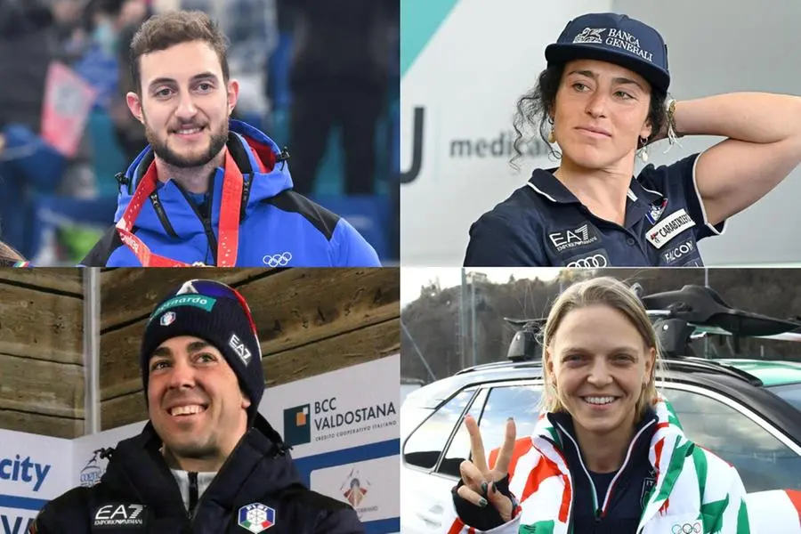 Federica Brignone e Amos Mosaner (in alto) per Cortina, Arianna Fontana e Federico Pellegrino (in basso) per Milano. Sono le coppie di atleti azzurri scelti per fare i portabandiera dell'Italia nelle cerimonie di apertura dei Giochi invernali il prossimo 6 febbraio (FOTO ANSA)