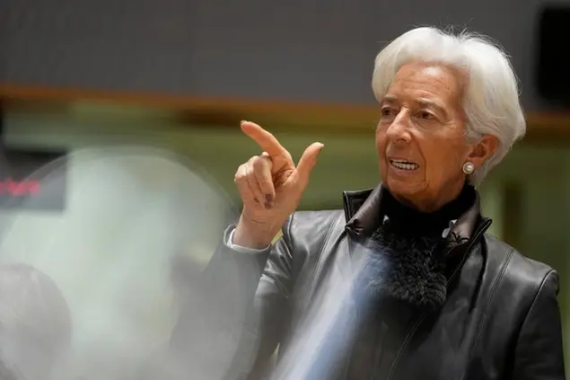 European Central Bank President Christine Lagarde gestures while speaking during a meeting of the eurogroup finance ministers at the European Council building in Brussels on Monday, Jan. 16, 2023. (AP Photo/Virginia Mayo)