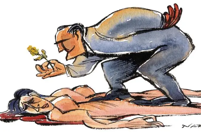 Nel 1979 Rai 2 mandò in onda un documentario dal titolo “Processo per stupro”, che racconta il processo per violenza carnale di una ragazza, celebrato a Latina. Illustrazione di Marilena Nardi