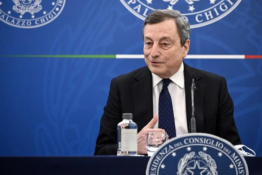 Foto Riccardo Antimiani/POOL Ansa/LaPresse 19-03-2021 Roma Politica Conferenza stampa del Presidente del Consiglio Mario Draghi al termine del Consiglio dei Ministri Nella foto: Mario Draghi Photo Riccardo Antimiani/POOL Ansa/LaPresse 19-03-2021 Rome (Italy) Press conference of President Mario Draghi at the end of the Council of Ministers In the pic: Mario Draghi