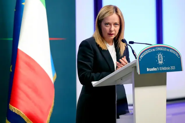 Italy's Prime Minister Giorgia Meloni speaks during a media conference at the European Council building in Brussels, Friday, Feb. 10, 2023. (AP Photo/Olivier Matthys) Associated Press/LaPresse Only Italy and Spain