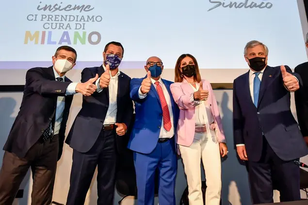 Nella foto: Maurizio Lupi, Matteo Salvini, Luca Bernardo, Daniela Santanché,\\u00A0Antonio Tajani (Photo Claudio Furlan/LaPresse)