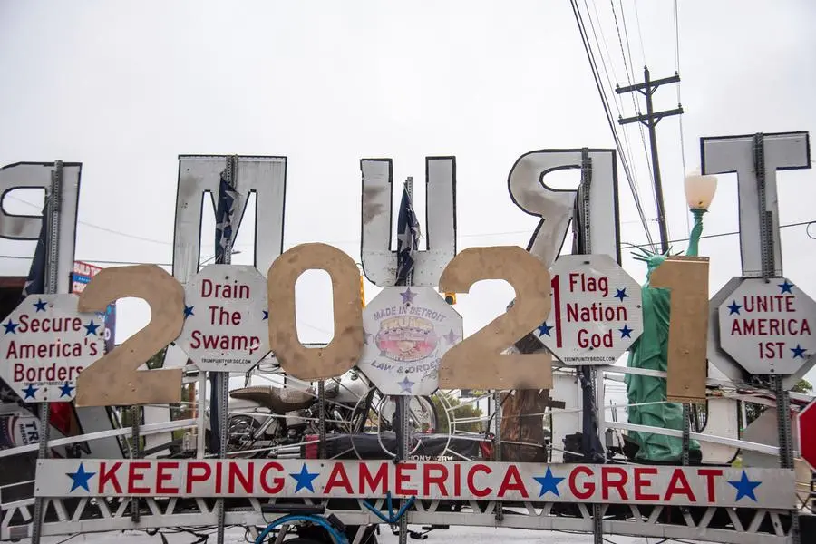 The Trump Unity Bridge is involved in a multiple car crash on Wednesday, Sept. 22, 2021 at the intersection of Court Street and Dort Highway in Flint, Mich. (Isaac Ritchey/MLive.com/The Flint Journal via AP)