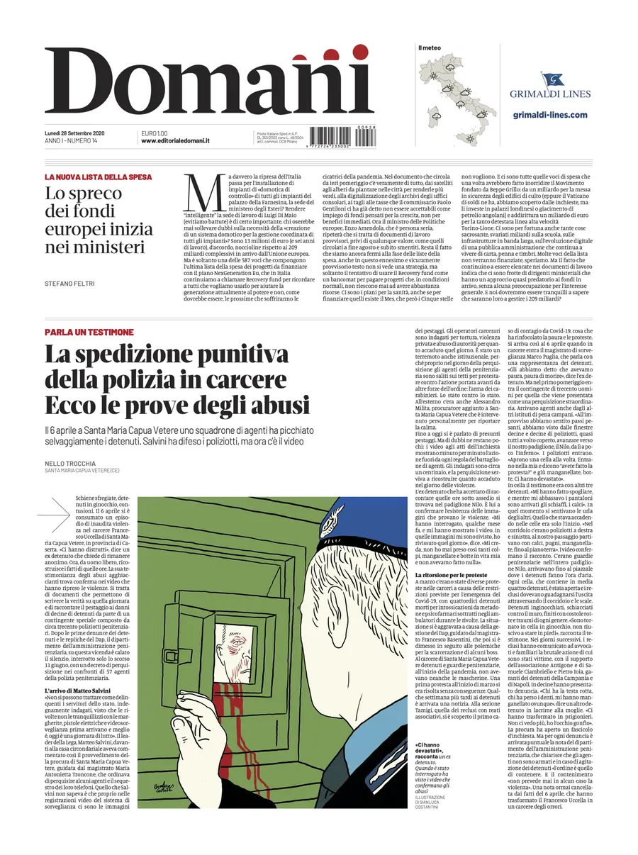 Una selezione fra le prime 100 prime pagine di Domani, dal 15 settembre al 23 dicembre 2020