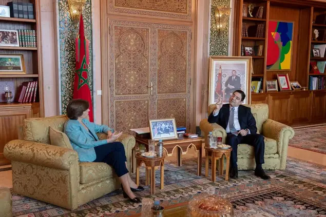 Morocco's Foreign Minister Nasser Bourita welcomes France's Foreign Minister Catherine Colonna as she starts an official visit to Rabat, Morocco, Friday, Dec. 16, 2022. (AP Photo)