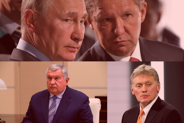 In alto ci sono Vladimir Putin e Alexei Miller (ceo di Gazprom), in basso a destra Ddmitry Peskov (portavoce del Cremlino). In basso a sinistra, invece, Igor Sechin, ad di Rosneft.