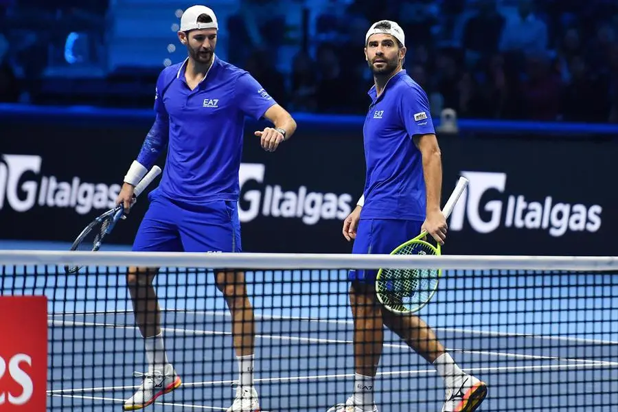 Simone Bolelli e Andrea Vavassori si sono già qualificati alle semifinali delle Atp Finals di Torino. Nessuna coppia italiana ci era mai riuscita nella storia del torneo (FOTO ANSA)