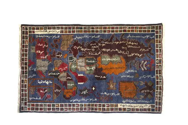 World Map Rug - Unidentified artist Knotted wool, western Afghanistan - Acquired in Peshawar (Pakistan), 1989 - Image courtesy of Annemarie Sawkins and Enrico Mascelloni