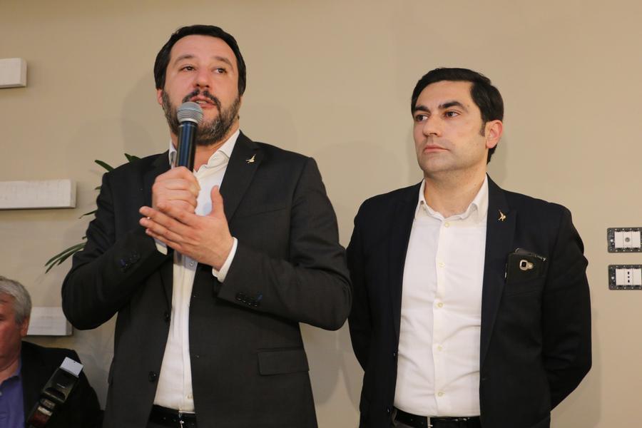 Lamezia Terme 17/03/2018, Matteo Salvini in visita in Calabria. Nella foto con Domenico Furgiuele, primo parlamentare calabrese della Lega eletto in Calabria.