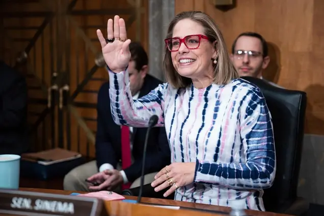 Sen. Kyrsten Sinema (D-Ariz.) takes part in a Senate Homeland Security and Governmental Affairs Committee markup on Capitol Hill Sept. 28, 2022. (Francis Chung/E&E News/POLITICO via AP Images)