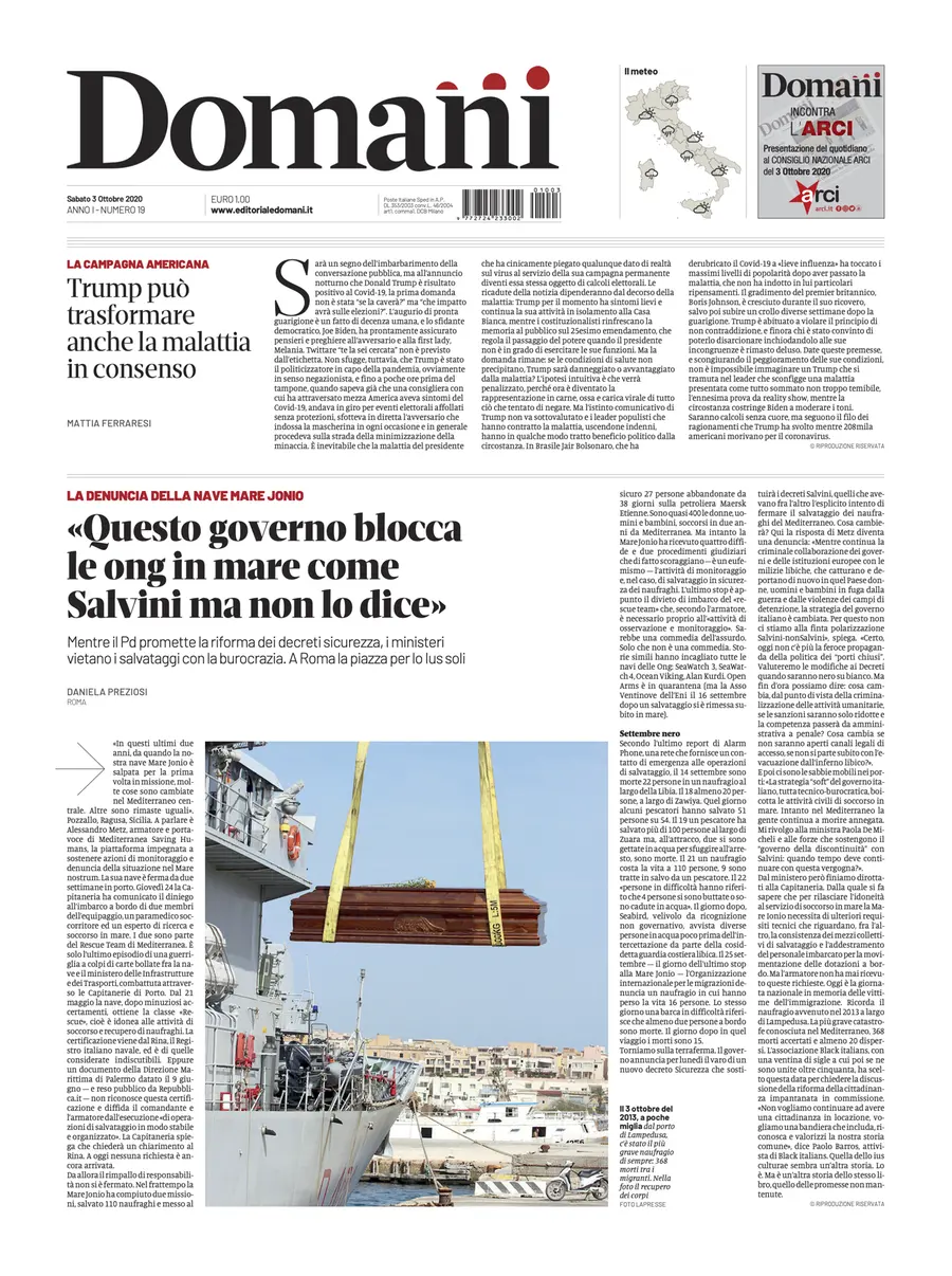 Una selezione fra le prime 100 prime pagine di Domani, dal 15 settembre al 23 dicembre 2020