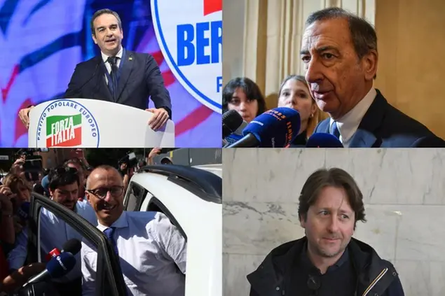 Dall'alto, in senso orario: il presidente dimissionario della regione Calabria, Roberto Occhiuto; il sindaco di Milano Beppe Sala; il deputato Manlio Messina, dimessosi da Fratelli d'Italia e il candidato del centrosinistra alla regione Marche, Matteo Ricci (foto Ansa)
