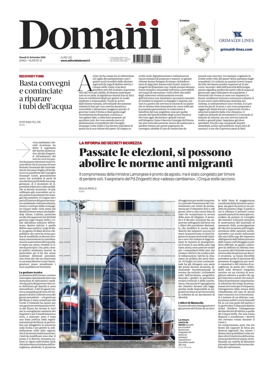 Una selezione fra le prime 100 prime pagine di Domani, dal 15 settembre al 23 dicembre 2020