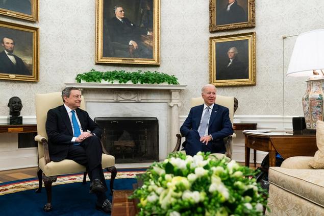 President Joe Biden and Prime Minister Mario Draghi of Italy meet in the Oval Office of the White House, Tuesday, May 10, 2022, in Washington. (AP Photo/Manuel Balce Ceneta)