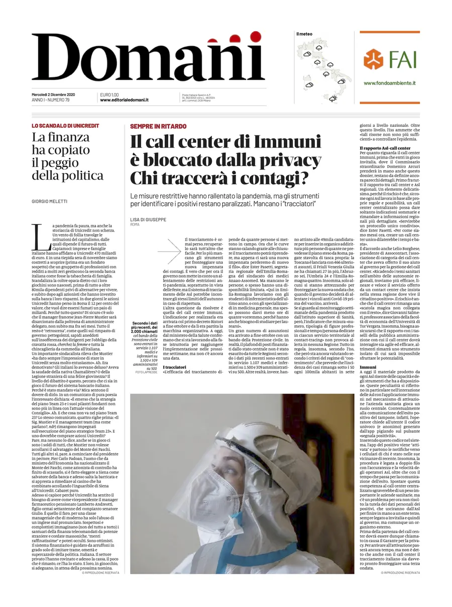 Una selezione fra le prime 100 prime pagine di Domani, dal 15 settembre al 23 dicembre 2020