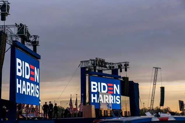 The stage for Democratic presidential candidate former Vice President Joe Biden\\\\'s election night rally, Tuesday, Nov. 3, 2020, outside of the Chase Center in Wilmington, Del. (AP Photo/Andrew Harnik)