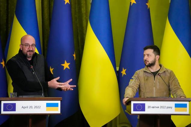 Ukrainian President Volodymyr Zelenskyy, right, and European Council President, Charles Michel attend a news conference after their meeting in Kyiv, Ukraine, Wednesday, April 20, 2022. (AP Photo/Efrem Lukatsky)