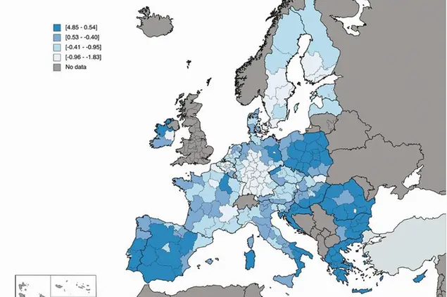 Una visualizzazione dell’indice di vulnerabilità alla transizione verde su base regionale. A una maggior intensità del colore corrisponde una maggior vulnerabilità. Fonte: Ricerca “La transizione verde e i potenziali malcontenti dei territori” (A. Rodríguez-Pose, F. Bartalucci)