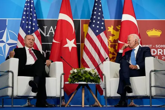 President Joe Biden, right, meets with Turkey's President Recep Tayyip Erdogan, left, during the NATO summit in Madrid, Wednesday, June 29, 2022. (AP Photo/Susan Walsh)