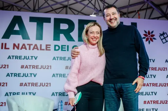 Foto Roberto Monaldo / LaPresse 10-12-2021 Roma Atreju 2021 Nella foto Giorgia Meloni, Matteo Salvini Photo Roberto Monaldo / LaPresse 10-12-2021 Rome (Italy) Atreju 2021 In the pic Giorgia Meloni, Matteo Salvini