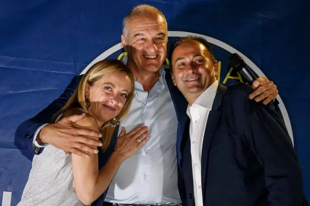 Giorgia Meloni, leader di Fratelli d’Italia, Enrico Michetti, ex candidato del centra destra a sindaco di Roma e Nicola Franco, presidente del municipio VI