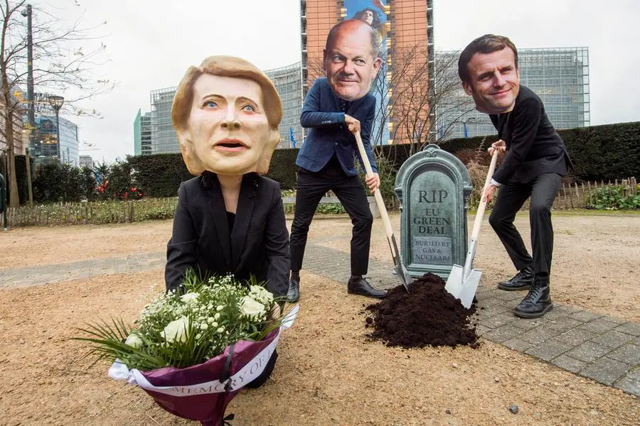 IMAGE DISTRIBUTED FOR AVAAZ - \\\"Gas and Nuclear are not Green\\\" says Avaaz members in a stunt to protest the EU Commission's launch of the EU Taxonomy\\\" on Wednesday, Feb.. 02, 2022 in Brussels, Belgium. (Ermindo Armino/AP Images for AVAAZ)