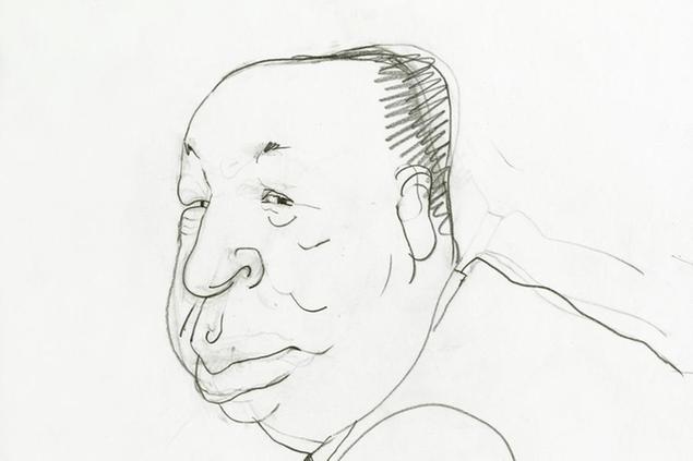 Alfred Hitchcock, 1991, matita su carta. Ritratto di Tullio Pericoli