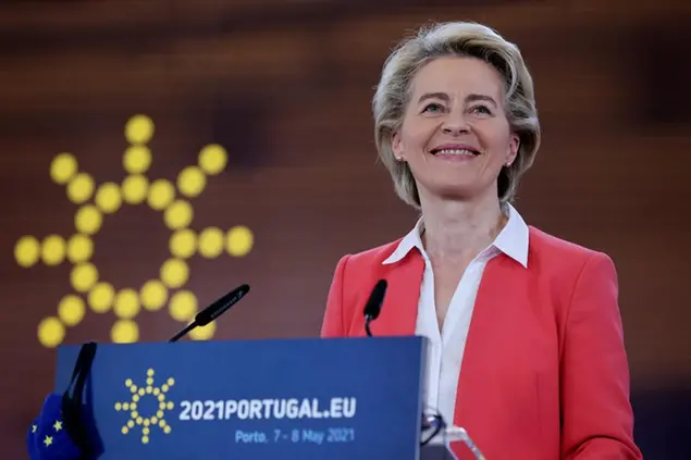 European Commission President Ursula von der Leyen speaks during a media conference at an EU summit in Porto, Portugal, Saturday, May 8, 2021. On Saturday, EU leaders held an online summit with India's Prime Minister Narendra Modi, covering trade, climate change and help with India's COVID-19 surge. (AP Photo/Luis Vieira)