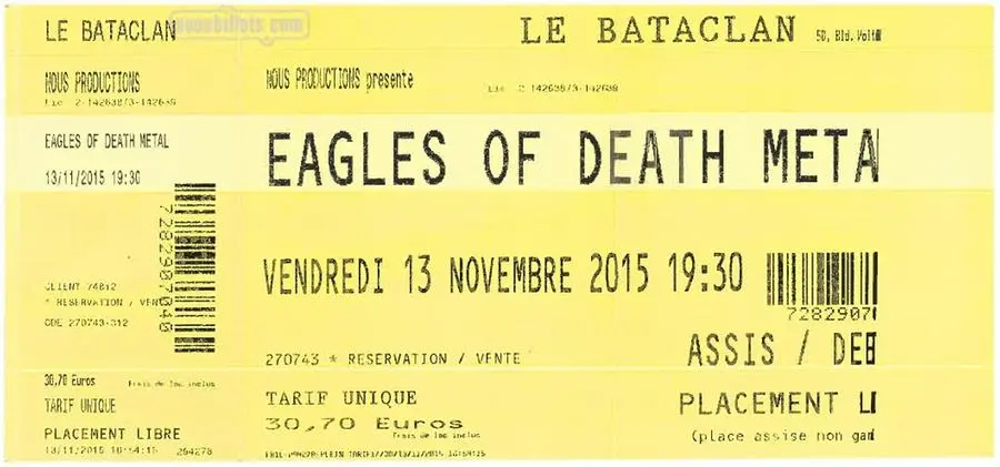Biglietto del concerto degli Eagles of Death Metal al Bataclan © Dono di Patricia Correia al Museo memoriale del terrorismo