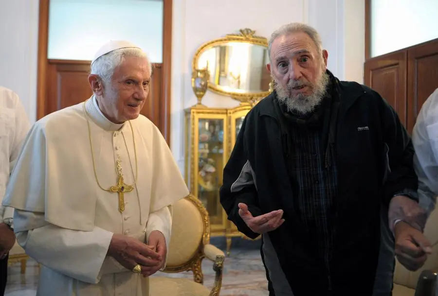 FILE - Pope Benedict XVI meets with Fidel Castro, right, in Havana, Cuba, on March 28, 2012. Pope Emeritus Benedict XVI, the German theologian who will be remembered as the first pope in 600 years to resign, has died, the Vatican announced Saturday. He was 95. (AP Photo/Osservatore Romano, File) Associated Press/LaPresse EDITORIAL USE ONLY/ONLY ITALY AND SPAIN