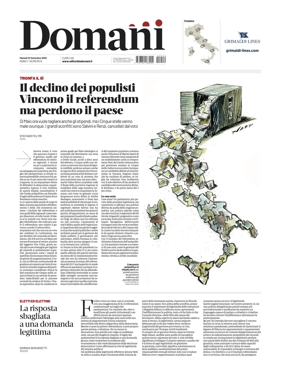 Una selezione fra le prime 100 prime pagine di Domani, dal 15 settembre al 23 dicembre 2020