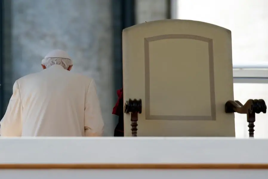 FILE - Pope Benedict XVI leaves after celebrating his last general audience in St. Peter's Square at the Vatican on Feb. 27, 2013. Pope Emeritus Benedict XVI, the German theologian who will be remembered as the first pope in 600 years to resign, has died, the Vatican announced Saturday. He was 95. (AP Photo/Gregorio Borgia, File) Associated Press/LaPresse EDITORIAL USE ONLY/ONLY ITALY AND SPAIN