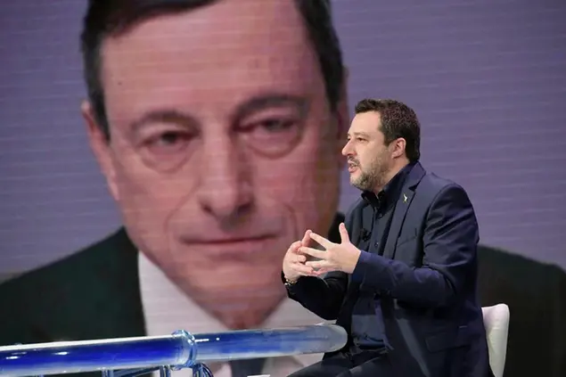 11/02/2021 Roma. Rai. Programma televisivo Porta a Porta, nella foto Matteo Salvini della Lega sullo sfondo un' immagine di Draghi