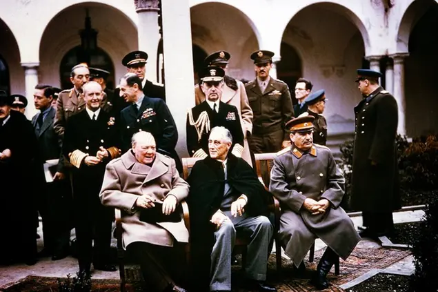 Second World War: Yalta Conference 1945. British Prime Minister Winston Churchill, US President Franklin D. Roosevelt, and Soviet dictator Josepf Stalin have met from 4 to 11 February 1945. (AP Images)