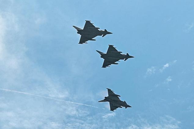 01 July 2021, Romania, Mihail Kogalniceanu: Three Eurofighters fly over a NATO airport in Romania. Photo by: Christophe Gateau/picture-alliance/dpa/AP Images