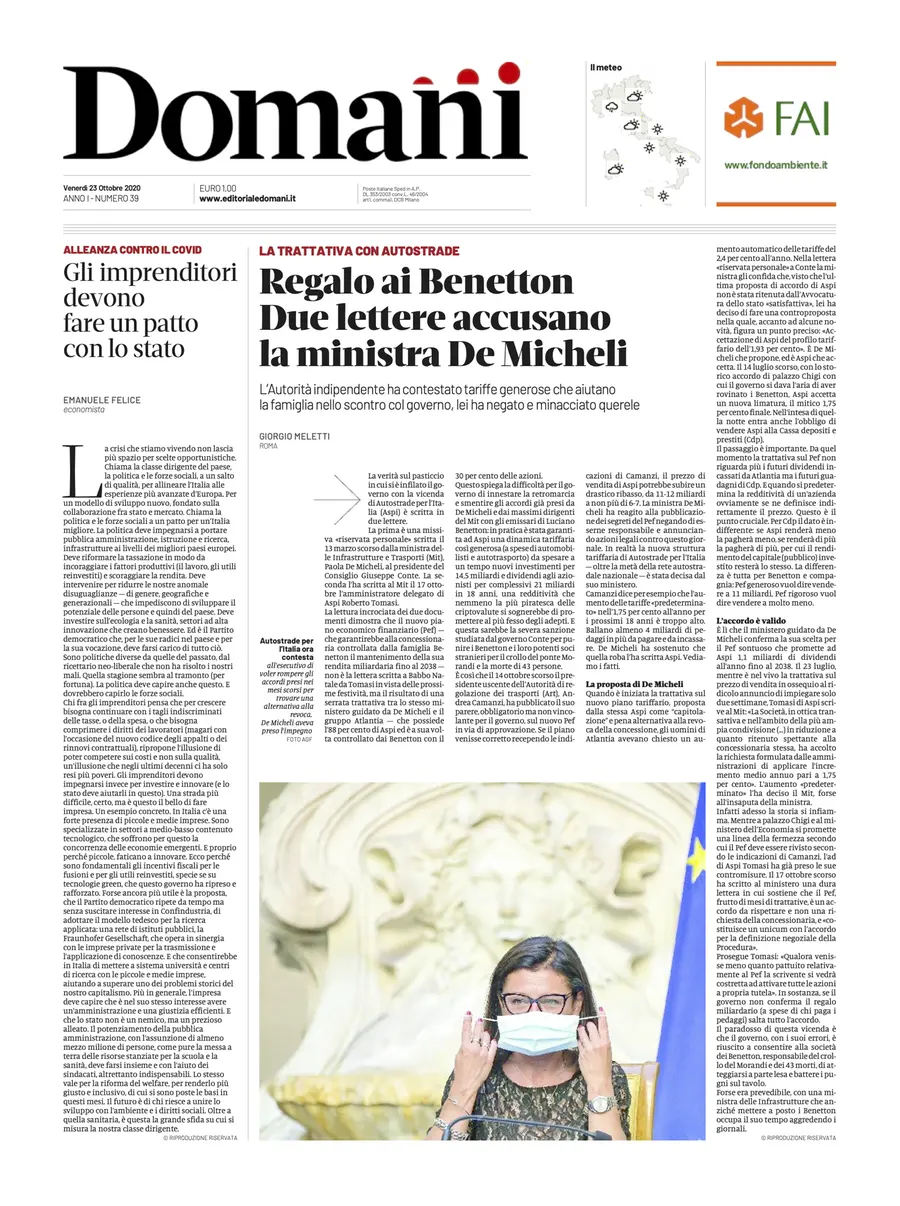 Una selezione fra le prime 100 prime pagine di Domani, dal 15 settembre al 23 dicembre 2020