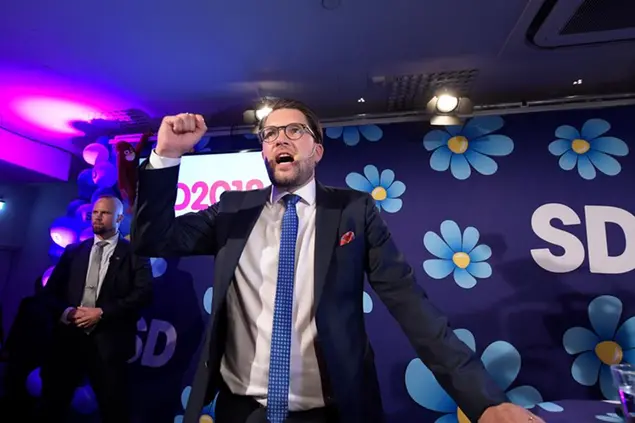 Sweden Democrats party leader Jimmie Ã…kesson speaks at the election party in Stockholm, Sweden, Sunday, Sept. 9, 2018. Returns reported by the Scandinavian country's election commission showed the Sweden Democrats placing third in the parliamentary election held Sunday. Addressing supporters after more than four-fifths of ballots were counted, Akesson said the victory was in the number of seats the party gained in the national assembly, the Riksdagen.(Anders Wiklund /TT via AP)