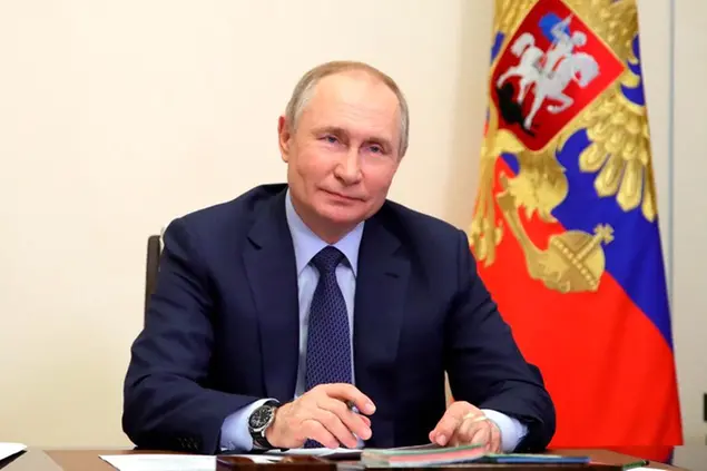 Russian President Vladimir Putin attends a meeting with young award-winning culture professionals via videoconference in Moscow, Russia, Friday, March 25, 2022. (Mikhail Klimentyev, Sputnik, Kremlin Pool Photo via AP)
