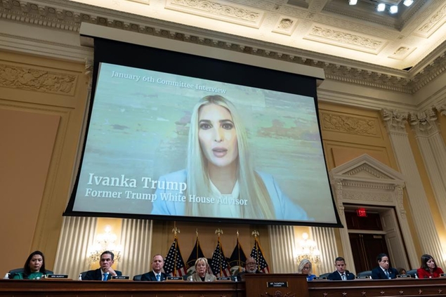 UNITED STATES - JUNE 9: Deposition video of Trump daughter Ivanka Trump is played during the Select Committee to Investigate the January 6th Attack on the U.S. Capitol hearing in the Cannon House Office Building in Washington on Thursday, June 9, 2022. (Bill Clark/CQ Roll Call via AP Images)