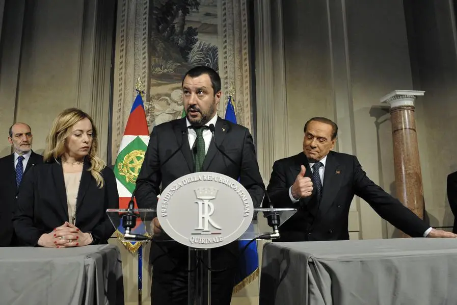 12/04/2018 Roma, Quirinale, il presidente della Repubblica inizia il secondo giro di consultazioni per la formazione del nuovo Governo, nella foto Giorgia Meloni, Matteo Salvini e Silvio Berlusconi