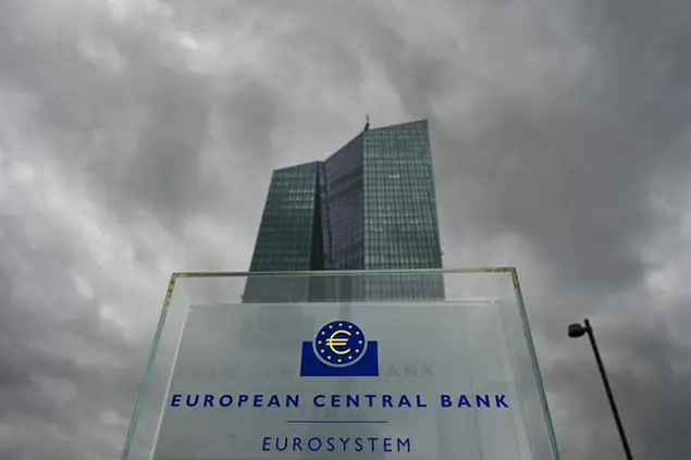 PRODUCTION - 01 February 2023, Hesse, Frankfurt/Main: A stele with the inscription \\\"European Central Bank Eurosystem\\\" stands in front of the headquarters of the European Central Bank (ECB). On Feb. 2, 2023, Europe's top monetary guardians will decide on new interest rate steps at their regular council meeting. Photo by: Arne Dedert/picture-alliance/dpa/AP Images