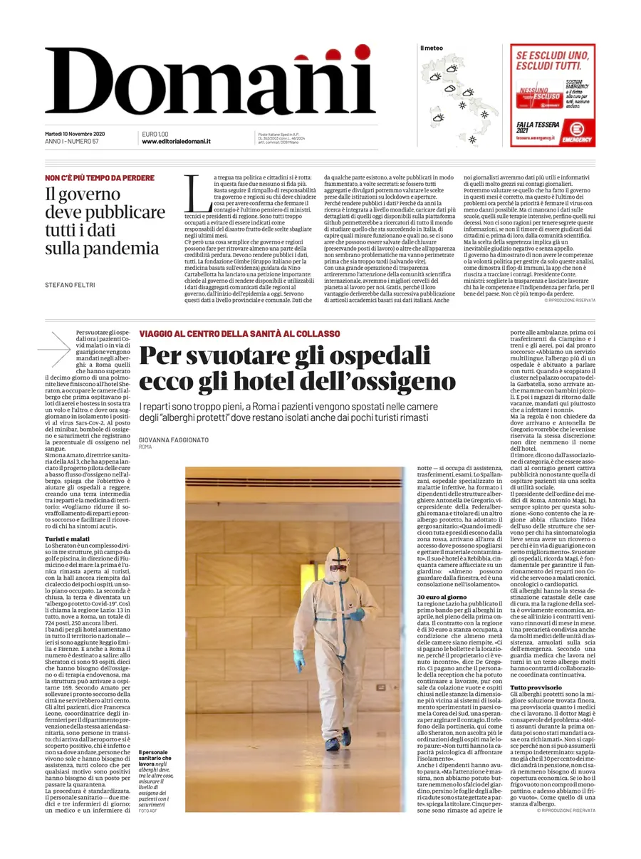 Una selezione fra le prime 100 prime pagine di Domani, dal 15 settembre al 23 dicembre 2020