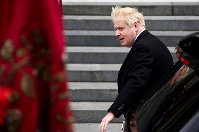 British Prime Minister Boris Johnson arrives for a service of thanksgiving for the reign of Queen Elizabeth II at St Paul\\u2019s Cathedral in London Friday June 3, 2022 on the second of four days of celebrations to mark the Platinum Jubilee. The events over a long holiday weekend in the U.K. are meant to celebrate the monarch\\u2019s 70 years of service. (Henry Nicholls, Pool Photo via AP)