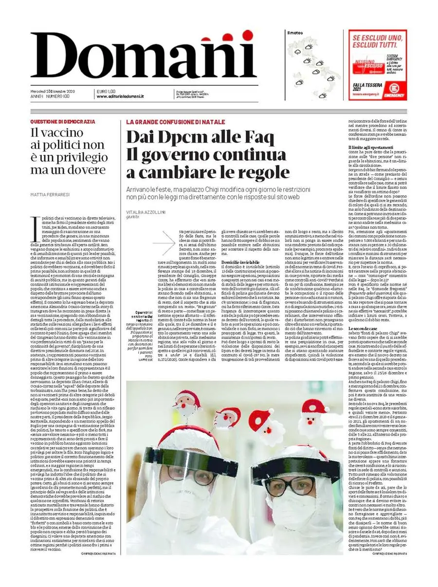 Una selezione fra le prime 100 prime pagine di Domani, dal 15 settembre al 23 dicembre 2020