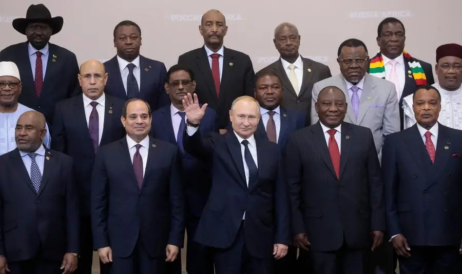 FILE - Russian President Vladimir Putin, center, poses for a photo with leaders of African countries at the Russia-Africa summit in the Black Sea resort of Sochi, Russia, on Oct. 24, 2019. Amid a worldwide chorus of condemnation against Russia's war on Ukraine, Africa has remained mostly quiet — a reminder of the Kremlin's considerable influence over the continent. (Sergei Chirikov, Pool Photo via AP, File)